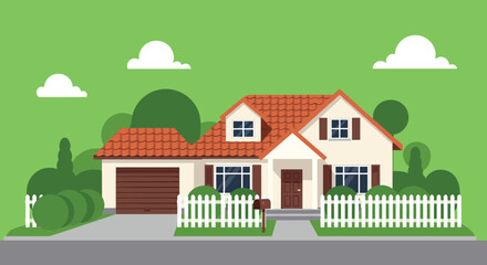 Fototapeta premium A cozy family house with a white picket fence and a green lawn.