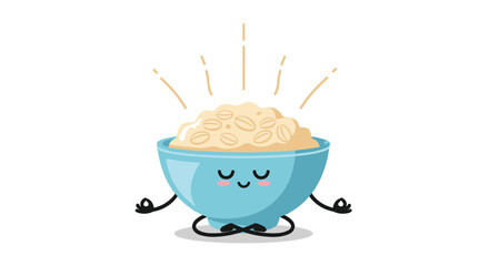 A happy bowl of oatmeal meditating with peaceful energy radiating outwards.
