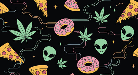 Surreal cosmic pattern of pizza slices donuts and alien heads.