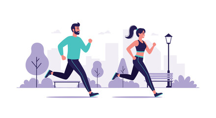 A man and a woman jogging together in a park with city buildings in the background.