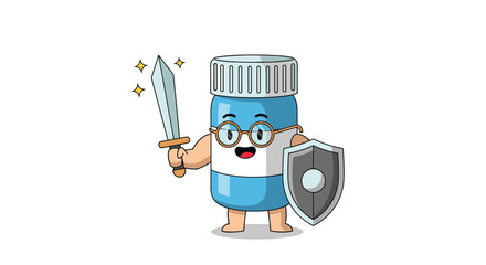 A cartoon pill bottle with glasses holding a sword and shield.