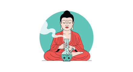 Buddha meditating with a bong emitting smoke creating a serene atmosphere.