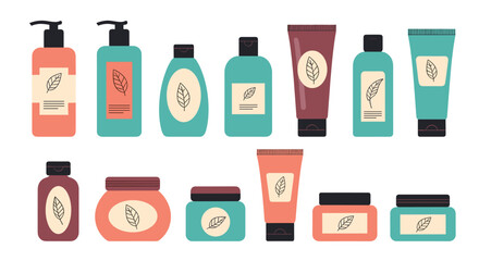 Collection of skincare product bottles and jars with botanical illustrations.