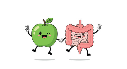 Happy apple and human intestines dancing together to promote gut health.