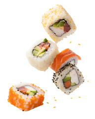 Sushi rolls arranged in dynamic manner, showcasing vibrant colors and textures, evoke sense of freshness and culinary delight