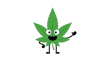 A cheerful green cannabis leaf character waves hello with a big smile and friendly eyes.