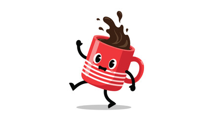 A happy red coffee mug with arms and legs dances joyfully splashing hot beverage.