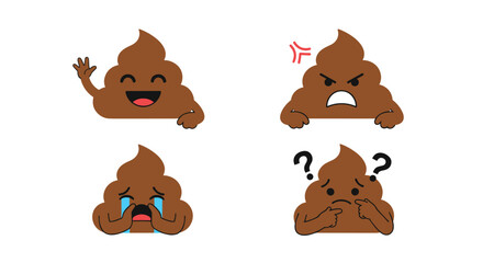 Cute and funny cartoon poop emojis expressing various emotions such as happiness anger sadness and confusion.