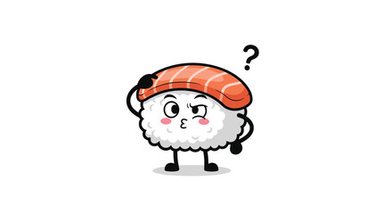 Cute sushi character scratching its head with a question mark floating above its head.