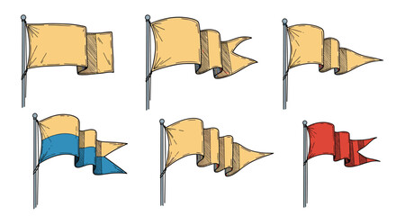 A collection of six vintage pennants and banners flying on poles.