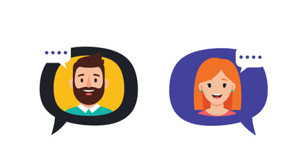 Illustrations of two people talking in speech bubbles communication icons.
