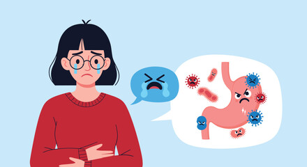 Illustrating a person experiencing stomach pain due to an infection caused by germs and bacteria.