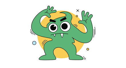 A cartoon green monster with big eyes and horns is dancing energetically.