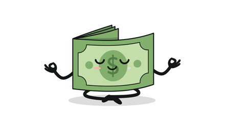 A happy cartoon dollar bill meditating peacefully with closed eyes and a serene smile.