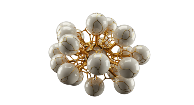 Sphere cluster with interconnected gold nodes for decorative design isolated PNG with Transparent Background - Powered by Adobe