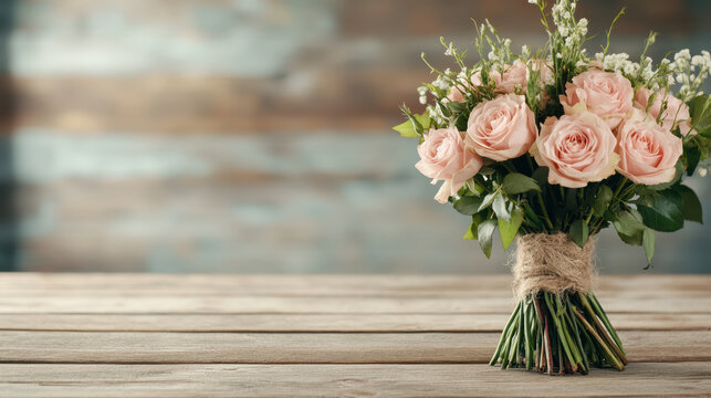 Bouquet of pink roses arranged beautifully on wooden table, exuding elegance and charm - Powered by Adobe