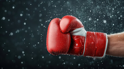 Close up of red boxing glove with water droplets, showcasing power and intensity