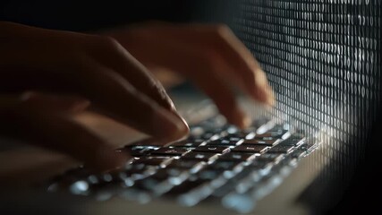 Closeup of hands typing on a laptop with encrypted codes on screen emphasizing secure online transaction processes and data privacy protection. - Powered by Adobe
