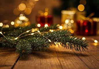 Wooden festive table with fir branch and Christmas lights in foreground, blurred gift boxes and ornaments in background, warm holiday atmosphere with snowfall and cozy celebration mood