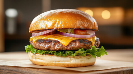 Juicy burger with melted cheese, fresh lettuce, and sliced vegetables, perfect for meal