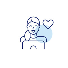 Woman working at laptop and heart. Customer support online, trusted remote user care. Pixel perfect, editable stroke vector icon