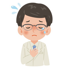 白衣を着た泣く男性　上半身イラスト／Crying man wearing a white coat　upper body illustration