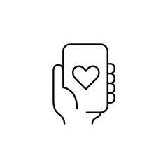 Hand holding a smartphone with a heart symbol, representing reliable customer support through mobile devices. Pixel perfect, editable stroke vector icon