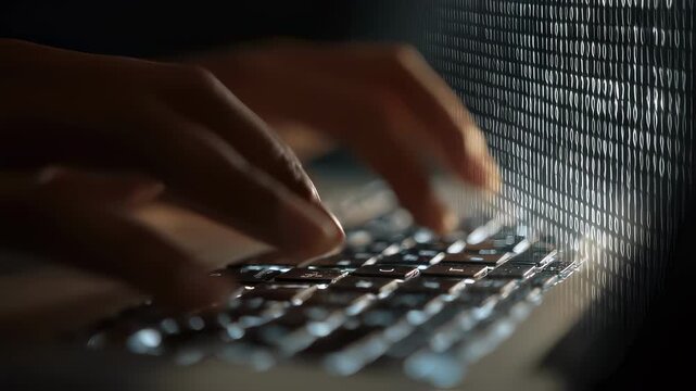 Closeup of hands typing on a laptop with encrypted codes on screen emphasizing secure online transaction processes and data privacy protection.