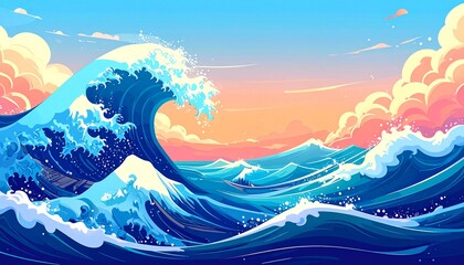 Powerful ocean wave illustration, stylized sea with dynamic swell and vibrant colors for graphic designs