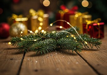 Wooden festive table with fir branch and Christmas lights in foreground, blurred gift boxes and ornaments in background, warm holiday atmosphere with snowfall and cozy celebration mood