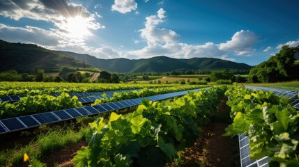 Solar panel energizing agricultural production in a vibrant field of fresh fruits and vegetables under a bright sun