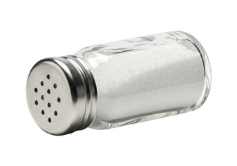 Clear glass salt shaker, filled with fine white salt, shiny silver cap, horizontally oriented on a transparent studio background with copy space, concept of culinary seasoning.