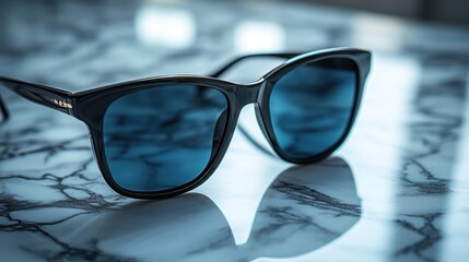 Classic black sunglasses are positioned on a white marble surface, showcasing their sleek design and soft shadows, ideal for summer fashion or chic styling.