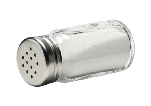 Clear glass salt shaker, filled with fine white salt, shiny silver cap, horizontally oriented on a transparent studio background with copy space, concept of culinary seasoning.