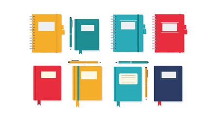 A collection of colorful notebooks and pens ready for writing and note-taking activities.