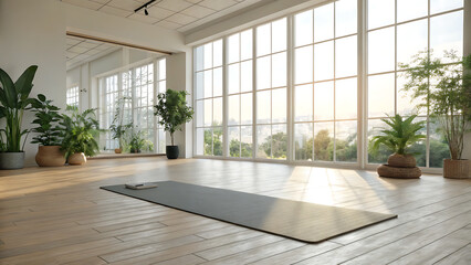 Serene yoga studio with natural light and lush greenery ready for practice