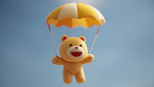A cheerful cartoon bear with a red smile floats beneath a yellow and white parachute against a bright blue sky