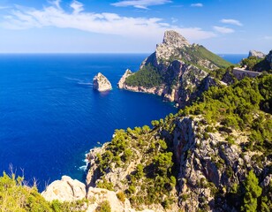 Coastal vista captures rocky cliffs, turquoise waters, and a clear sky