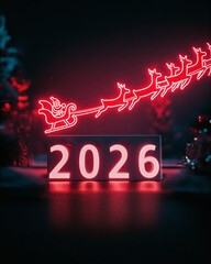 2026 New Year Neon Lights with Santa and Reindeer