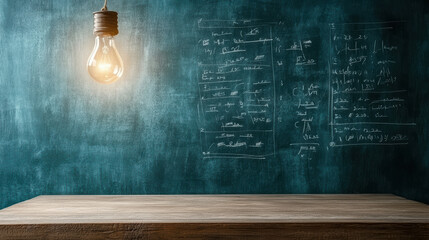Bright light bulb illuminating chalkboard filled with mathematical formulas and equations