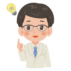白衣を着た閃く男性　上半身イラスト／Man wearing a white coat having an idea　upper body illustration