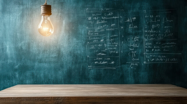 Bright light bulb illuminating chalkboard filled with mathematical formulas and equations