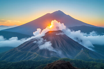 Spectacular sunrise behind the volcano pair, with the foreground cone actively emitting smoke and clouds.