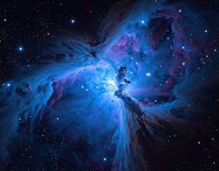 Glowing nebula with cosmic dust, blues and purples