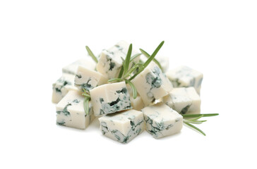 Blue cheese with rosemary isolated on white background