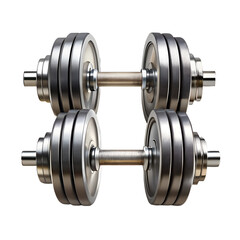 Naklejka premium Two heavy metal dumbbells with weight plates, isolated on a transparent background, representing fitness and exercise