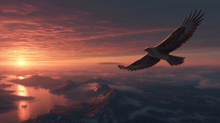 Naklejka premium 夕焼け空の下、山と湖の上を飛ぶワシ | Eagle flying over mountains and lakes under a sunset sky
