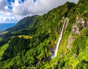 Obraz premium Tall waterfall cascades down a lush, green mountainside