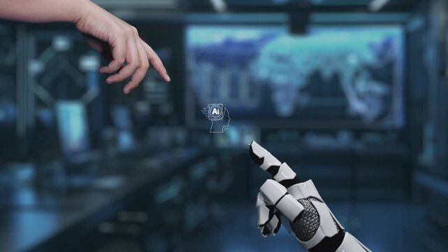 A visual representation of the interaction between a human hand and a robotic hand symbolizing the convergence of technology and artificial intelligence in a modern workspace. Auvana - Powered by Adobe