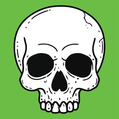 Scary pirate skull and crossbones vector illustration with bones, teeth, danger, and death for Halloween and tattoo symbol icon art on green background